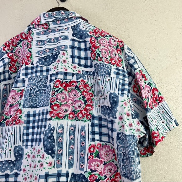 Vintage PennyLane Patchwork Look Button Front Short Sleeve Top Large Flawed - Picture 8 of 13